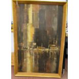 Jean Maio - an abstract city waterfront  oil on canvas  bears a signature  47" x 30"  framed