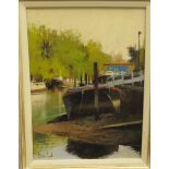 Frederick Beckett - a canal boat basin with moored barges  oil on canvas  bears a signature &