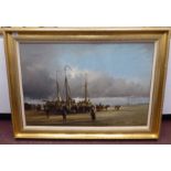 Mooyman - a Dutch shoreline scene, depicting disembarkation from beached sailing barges  oil on