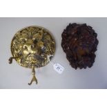 A late 19thC wall mounted cast brass lion mask gong stand  9"h; and a Victorian carved oak lion mask