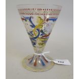 A 19thC drinking glass of conical form, on a domed, folding pedestal foot, decorated in coloured