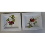 A pair of modern Meissen ivory glazed, broad rimmed, rectangular dishes, painted with radishes  7" x