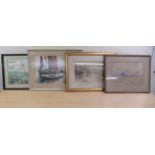 Four framed watercolours - coastal themed  some bearing signatures  largest 12" x 19"