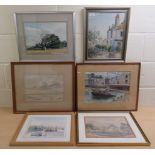 Six framed watercolours - various themes, some bearing signatures  largest 12" x 19"