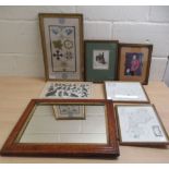 Framed prints and other display items: to include a 1955 sample embroidery sampler  9" x 16"