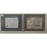 An 18thC coloured county map 'Hampshire'  10" x 8"  framed; and a later example 'The Road From