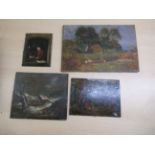 Four 18th/19thC pictures  oil on panels  viz. cattle sheltering from a storm  5" x 6"; a gypsy