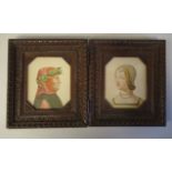 An early 20thC carved mahogany hinged frame, containing two contemporary portrait prints  3" x 3.5"