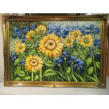 Modern British School - sunflowers and other flowers, in a field  oil on canvas  23" x 34"  framed