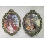 Two modern cast metal Victorian style frames  12" x 9" each with a reproduced 19thC oval print