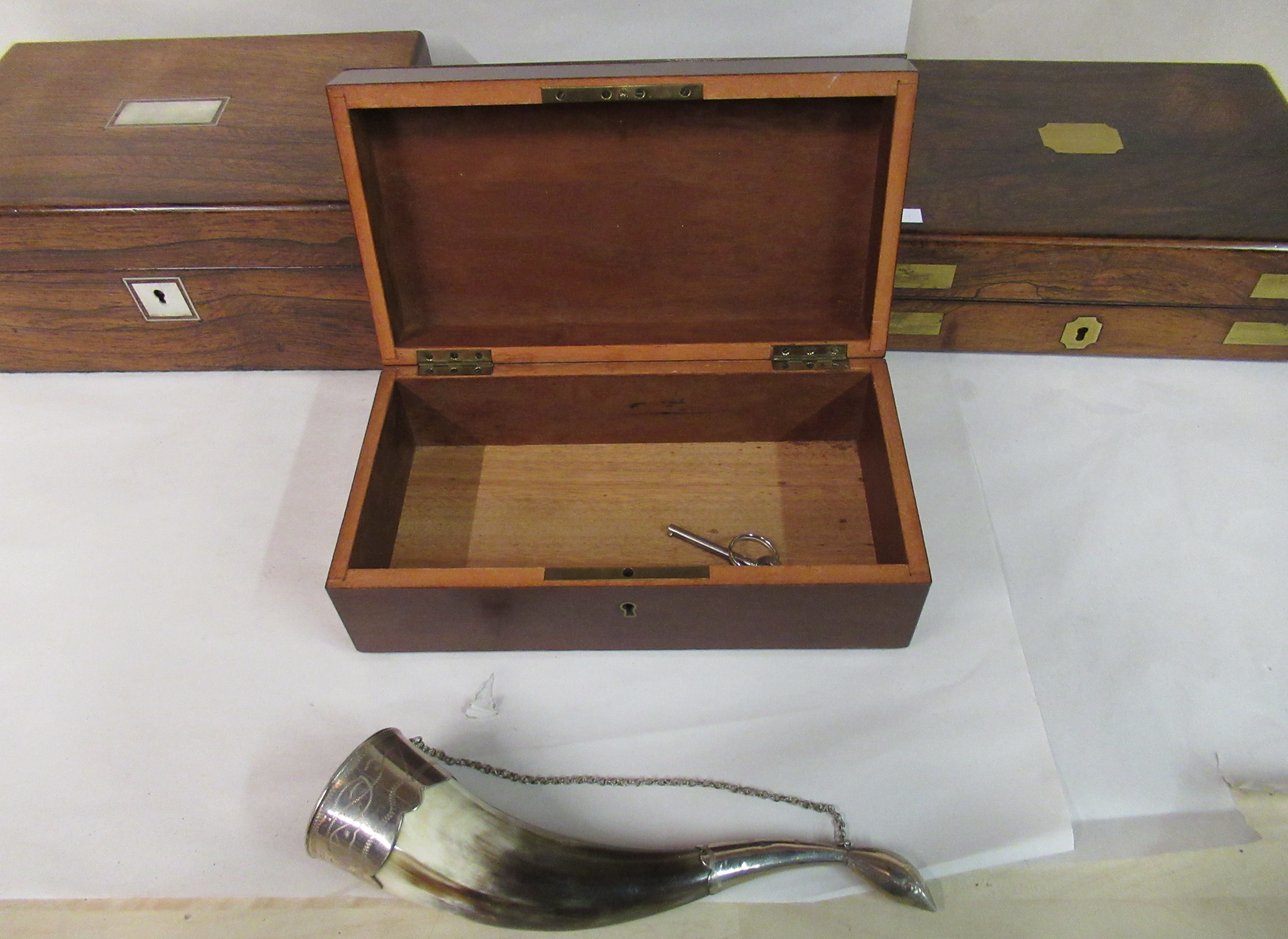 Three late 19thC mahogany and other boxes, two later baize lined, each with straight sides and - Image 3 of 5
