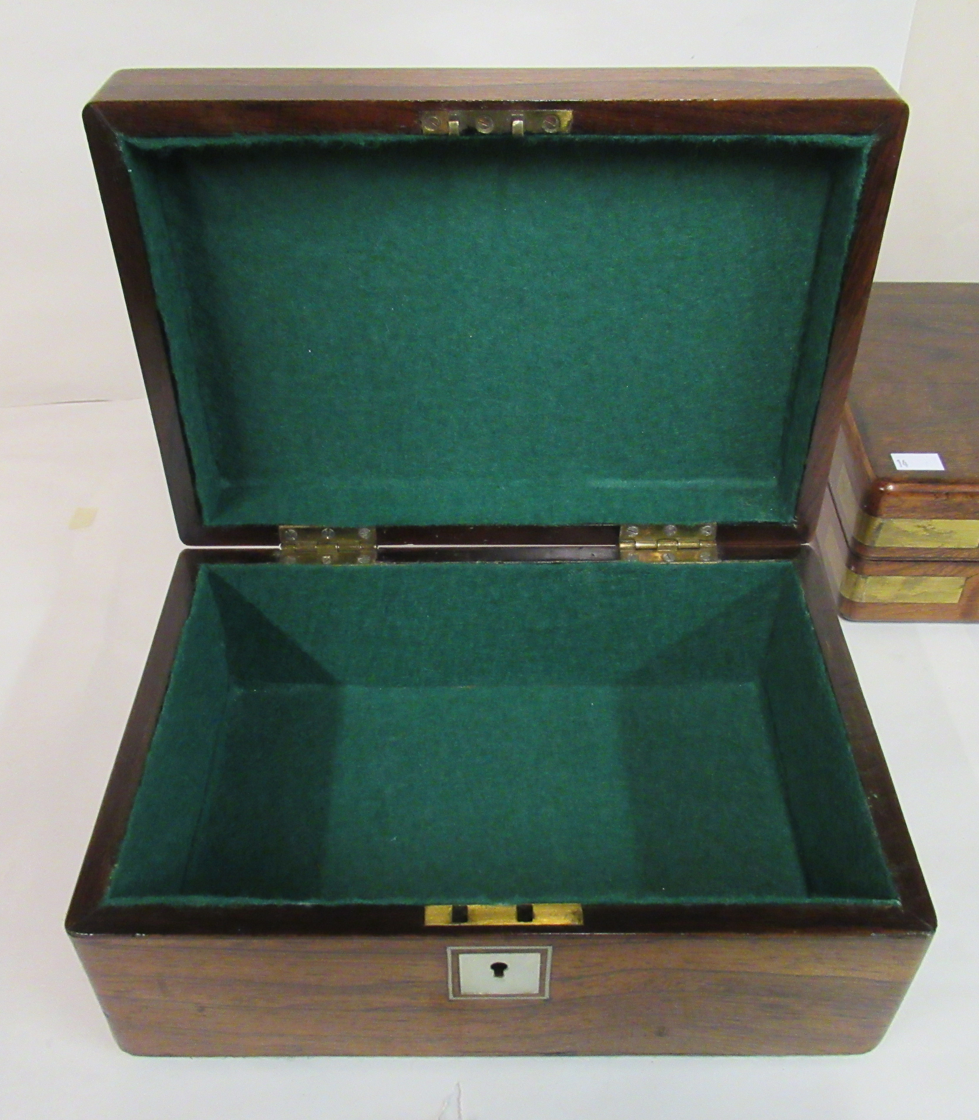 Three late 19thC mahogany and other boxes, two later baize lined, each with straight sides and - Image 4 of 5