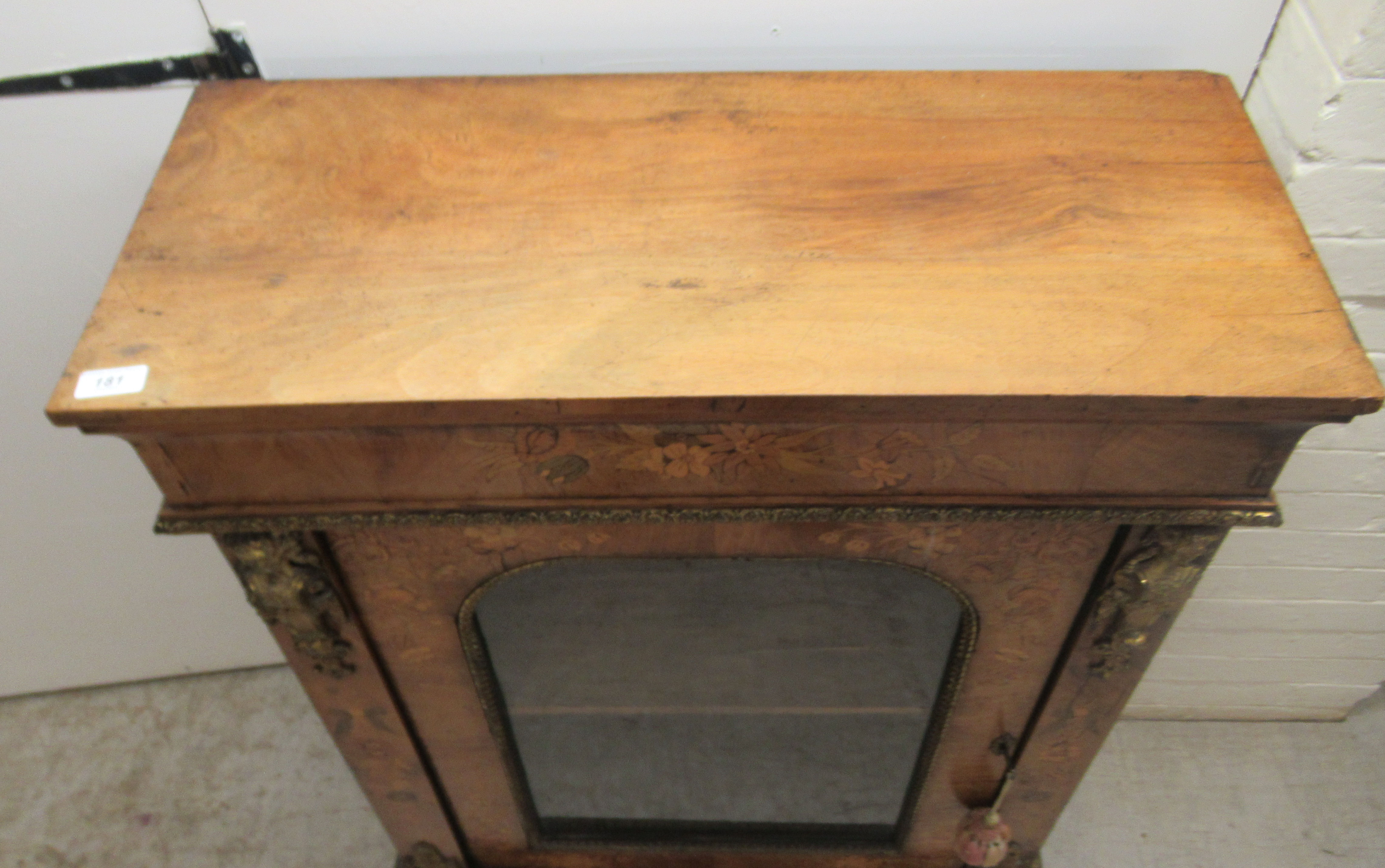 A late 19thC Continental gilt metal mounted walnut and floral marquetry pier cabinet, enclosed by - Image 5 of 9