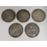 Five victorian silver crowns, viz. 1889, 1893, 1887, 1896 and 1891
