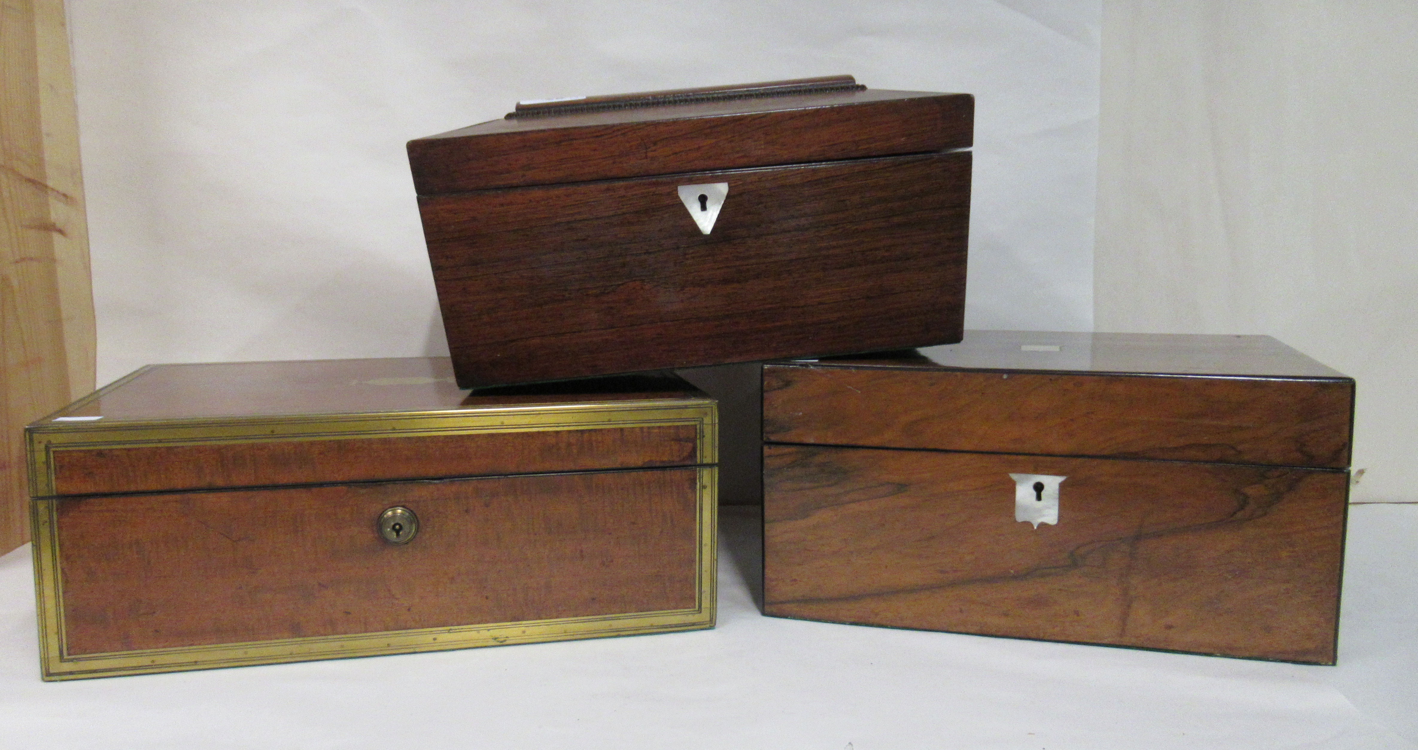 Three 19thC rosewood and other boxes of purpose: to include a later baize lined tea caddy  6"h  9"w