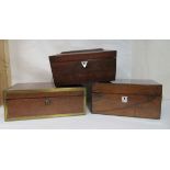 Three 19thC rosewood and other boxes of purpose: to include a later baize lined tea caddy  6"h  9"w