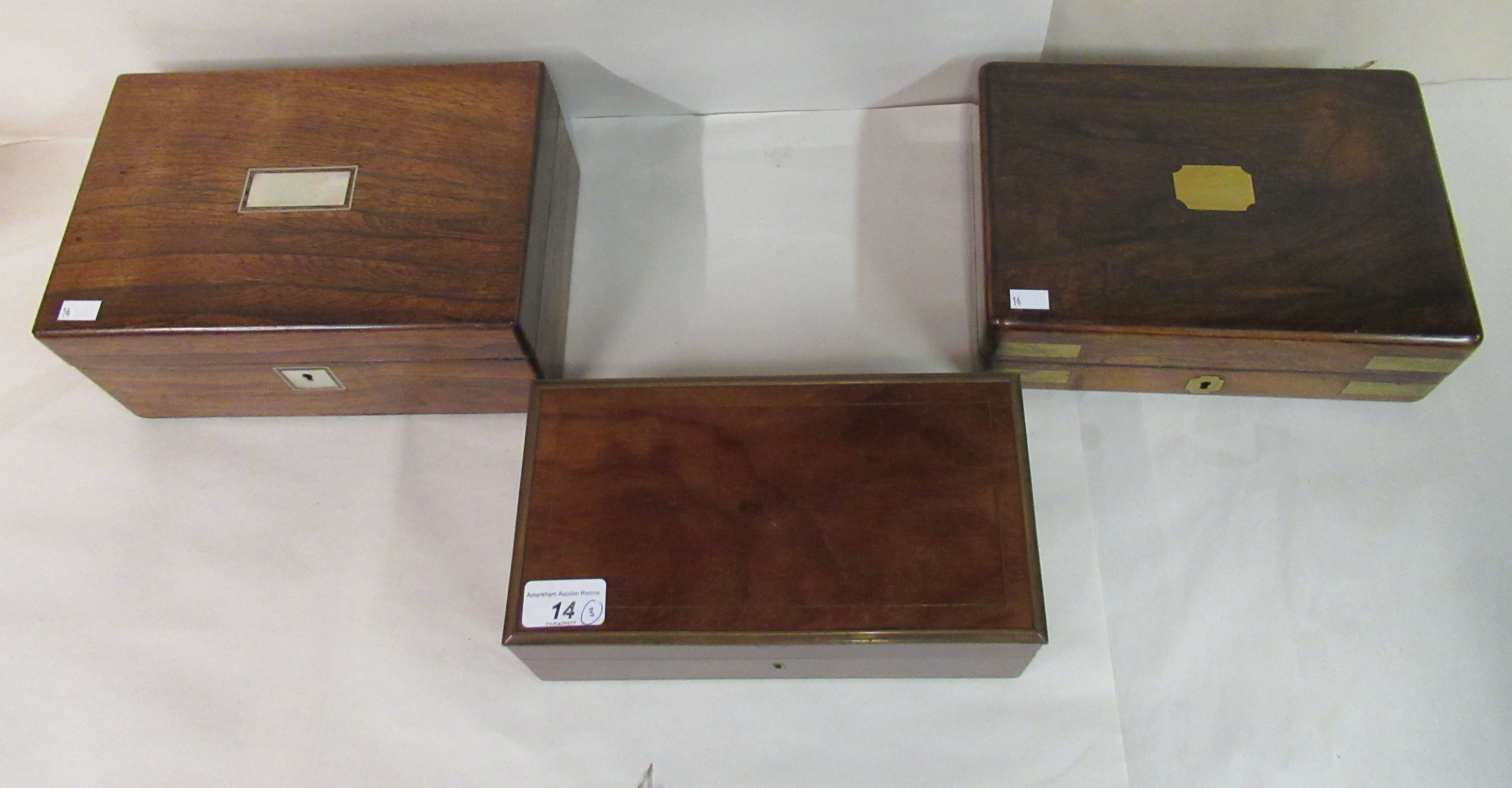 Three late 19thC mahogany and other boxes, two later baize lined, each with straight sides and - Image 2 of 5