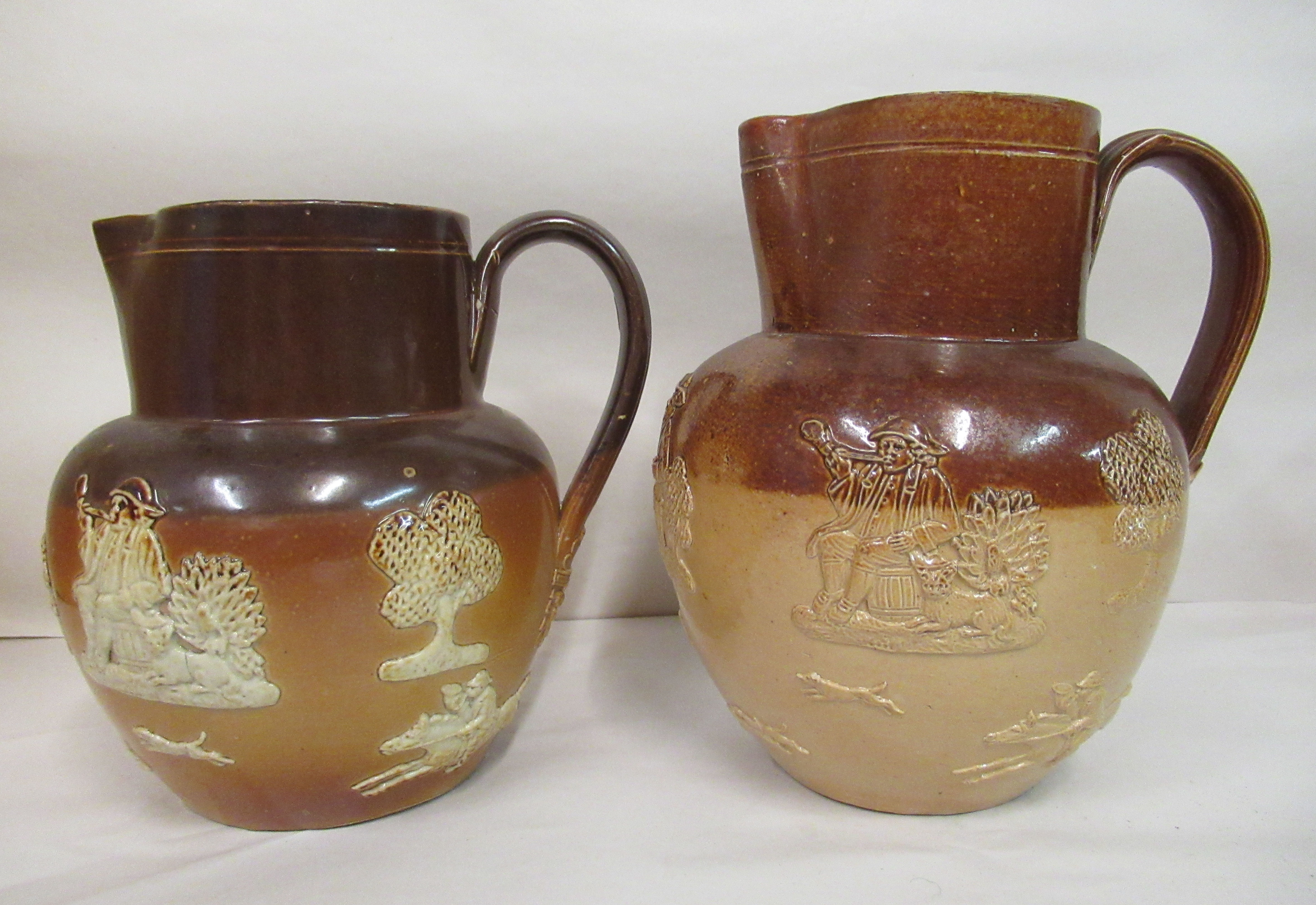 Four two tone stoneware Harvest jugs, one with a silver collar  London 1920  largest 7"h - Image 5 of 6