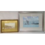 F Searl - a shoreline scene  watercolour  bears a signature  8" x 4"  framed; and Gordon Hales - a