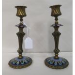 Napoleon III period cast brass and cloisonne candlesticks  8"h