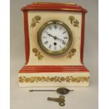 A 1930/50s McIntyre china cased mantel timepiece on a plinth; the movement faced by a Roman dial