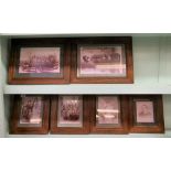 Six reproduction oak frames, set with Victorian inspired monochrome photographic prints  largest 10"