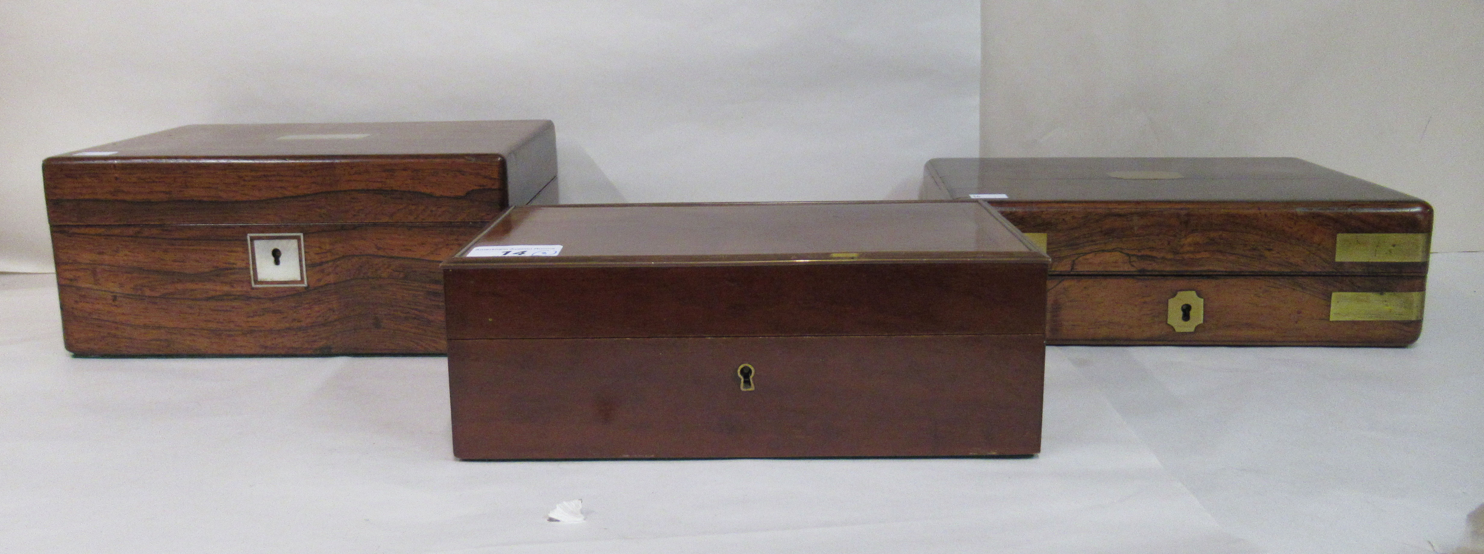 Three late 19thC mahogany and other boxes, two later baize lined, each with straight sides and