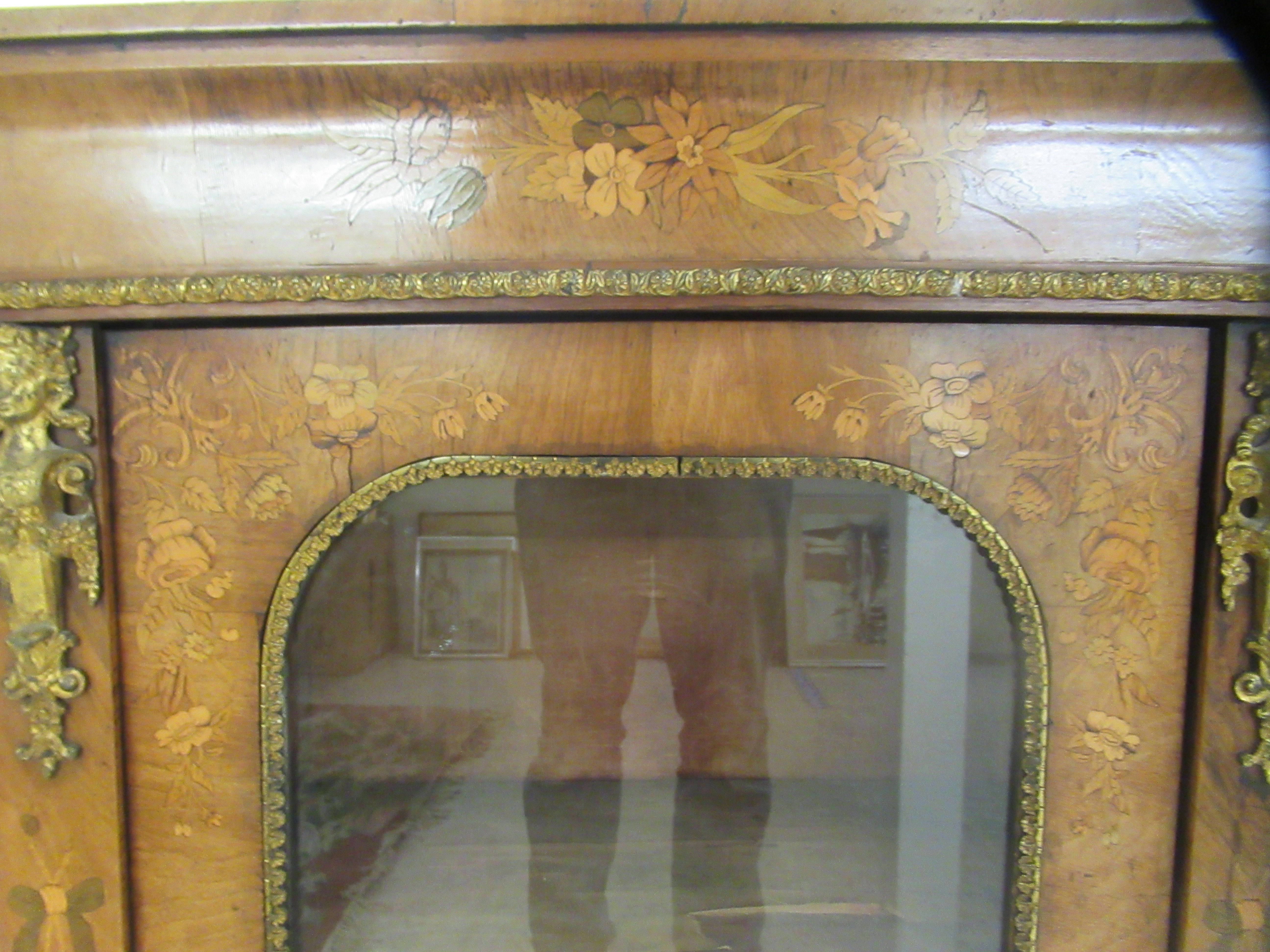 A late 19thC Continental gilt metal mounted walnut and floral marquetry pier cabinet, enclosed by - Image 6 of 9