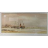 E Lewis - fishing boats moored at low tide  watercolour  bears a signature  9" x 20"  framed