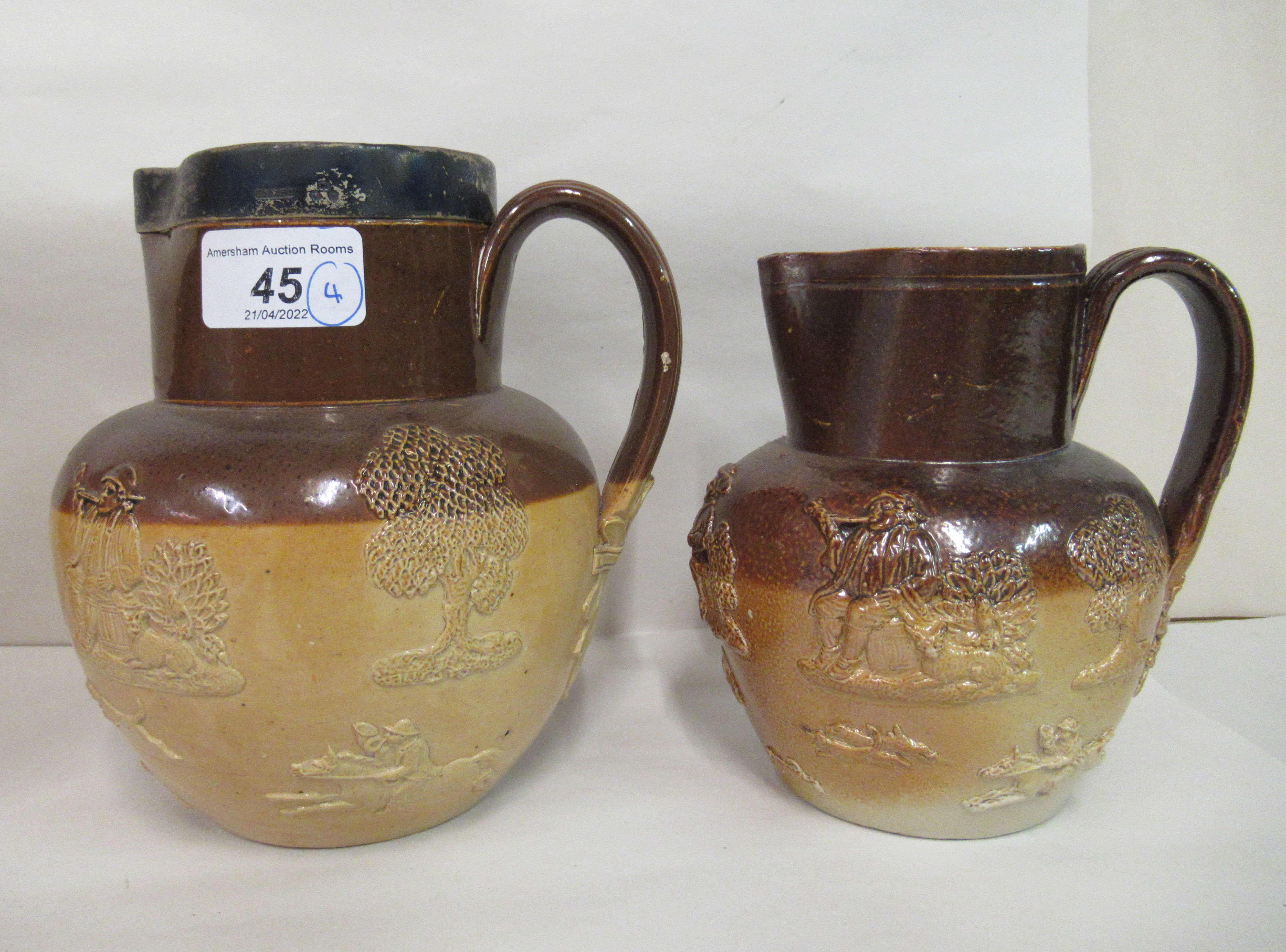 Four two tone stoneware Harvest jugs, one with a silver collar  London 1920  largest 7"h - Image 2 of 6
