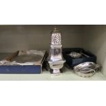 Silver and silver plate: to include a silver sugar caster, on a pedestal foot  London 1967