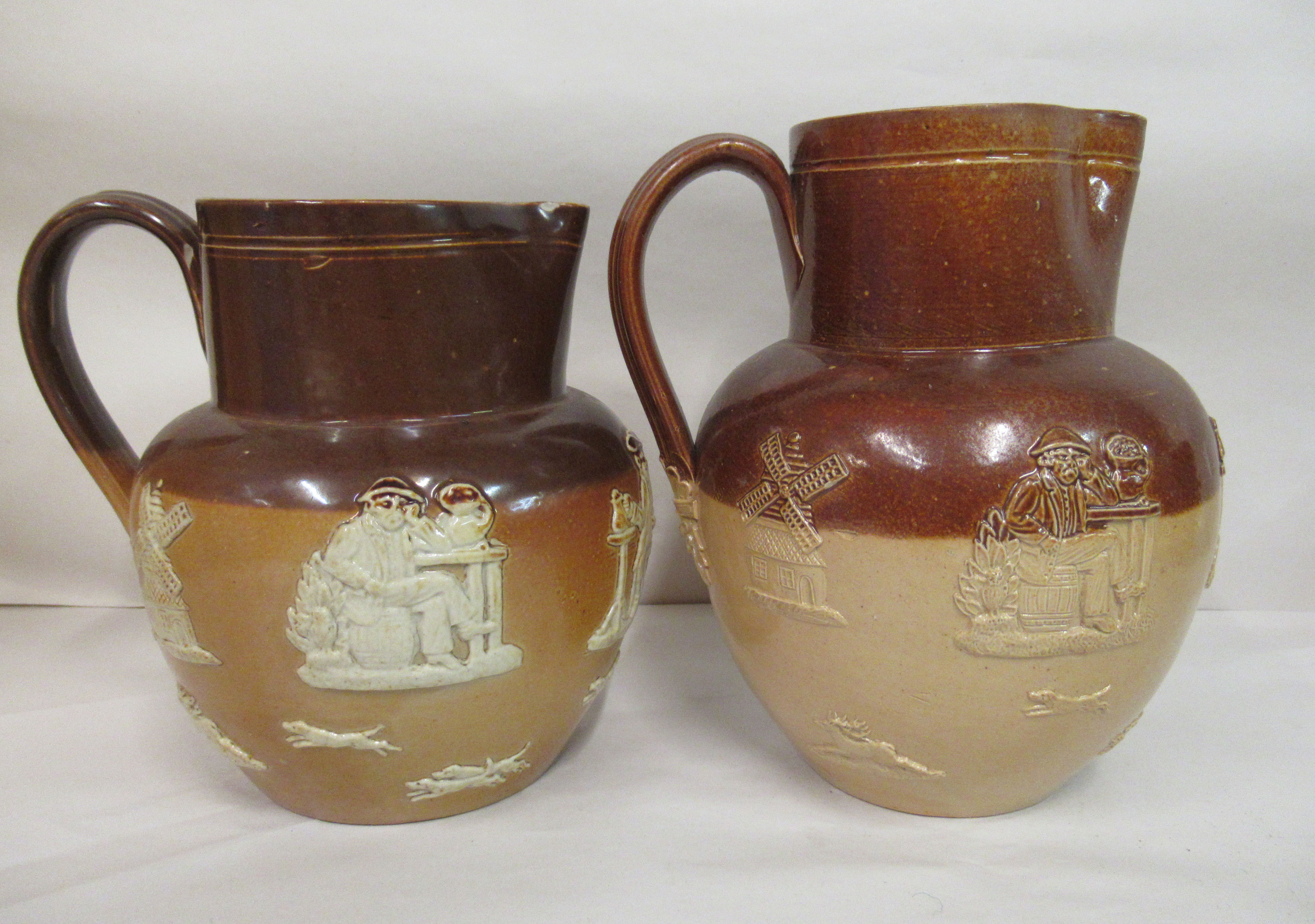 Four two tone stoneware Harvest jugs, one with a silver collar  London 1920  largest 7"h - Image 4 of 6