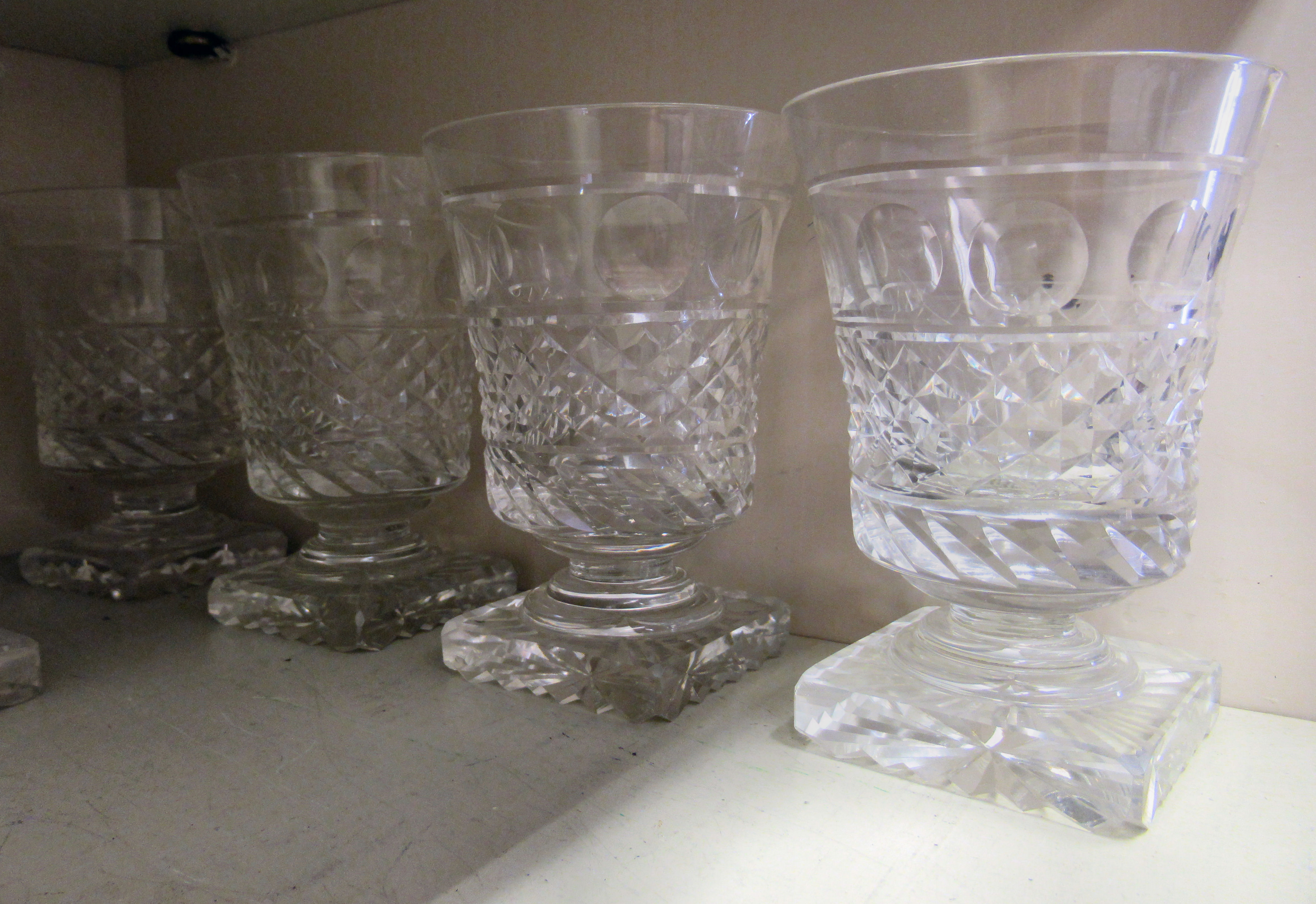 Glassware: to include a set of five early 20thC beakers with etched fruiting vine decoration  4"h - Image 4 of 4