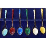 A set of six Danish silver and enamelled coffee spoons  stamped Ela, Denmark 925, in a Harrods case
