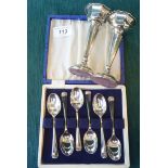 Silver collectables, viz. a set of six teaspoons and a pair of loaded pedestal vases  5"h  mixed