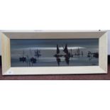 George R Deakins - boats in a harbour  oil on board  bears a signature & label verso  7" x 23"
