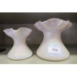 Two similar Loetz inspired Art Glass vases  5" & 4"h