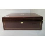A late 19thC bone inlaid mahogany sewing box with straight sides and hinged lid, enclosing a