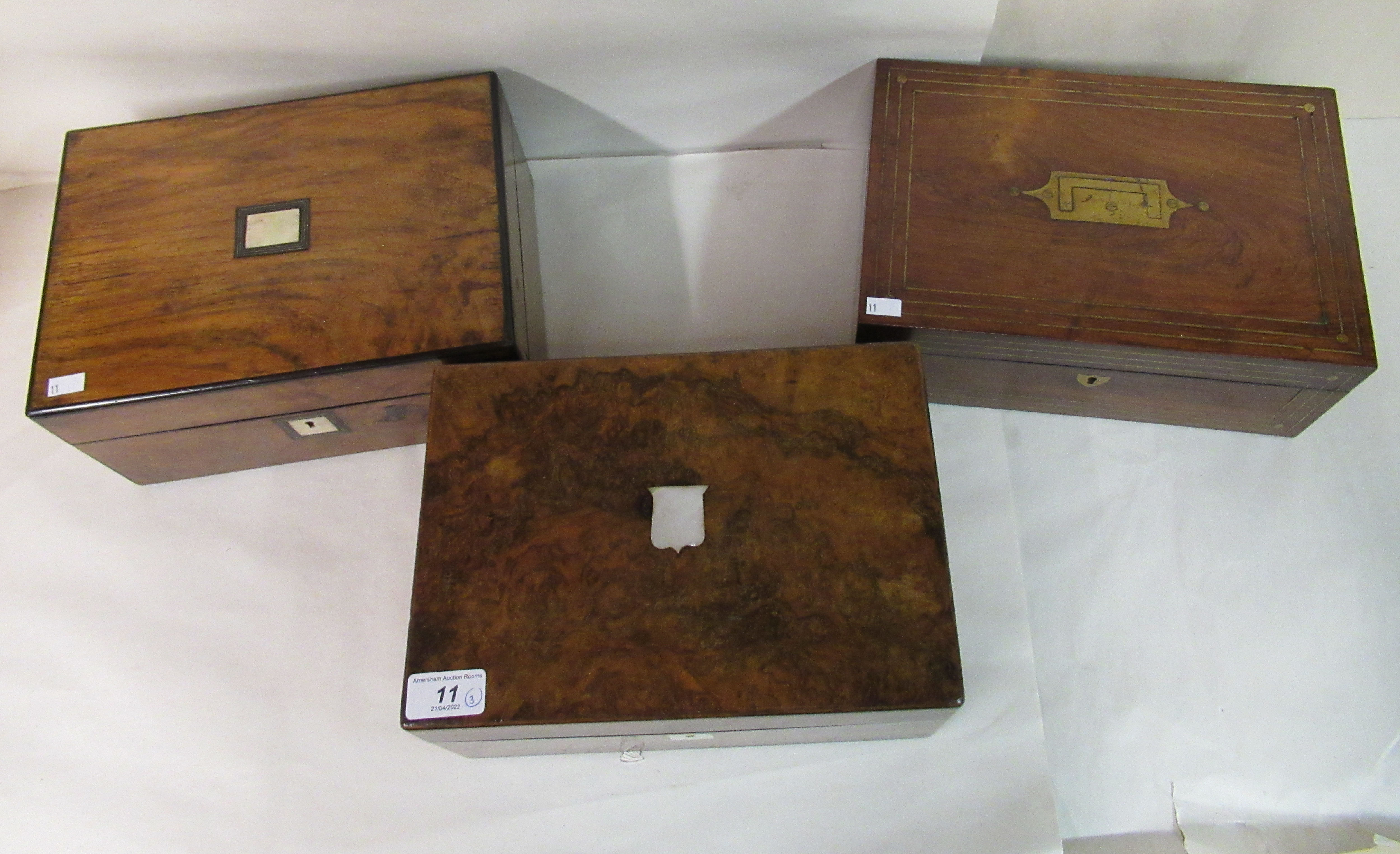 Three 19thC walnut and other boxes of purpose  largest 4"h  11"w - Image 2 of 5