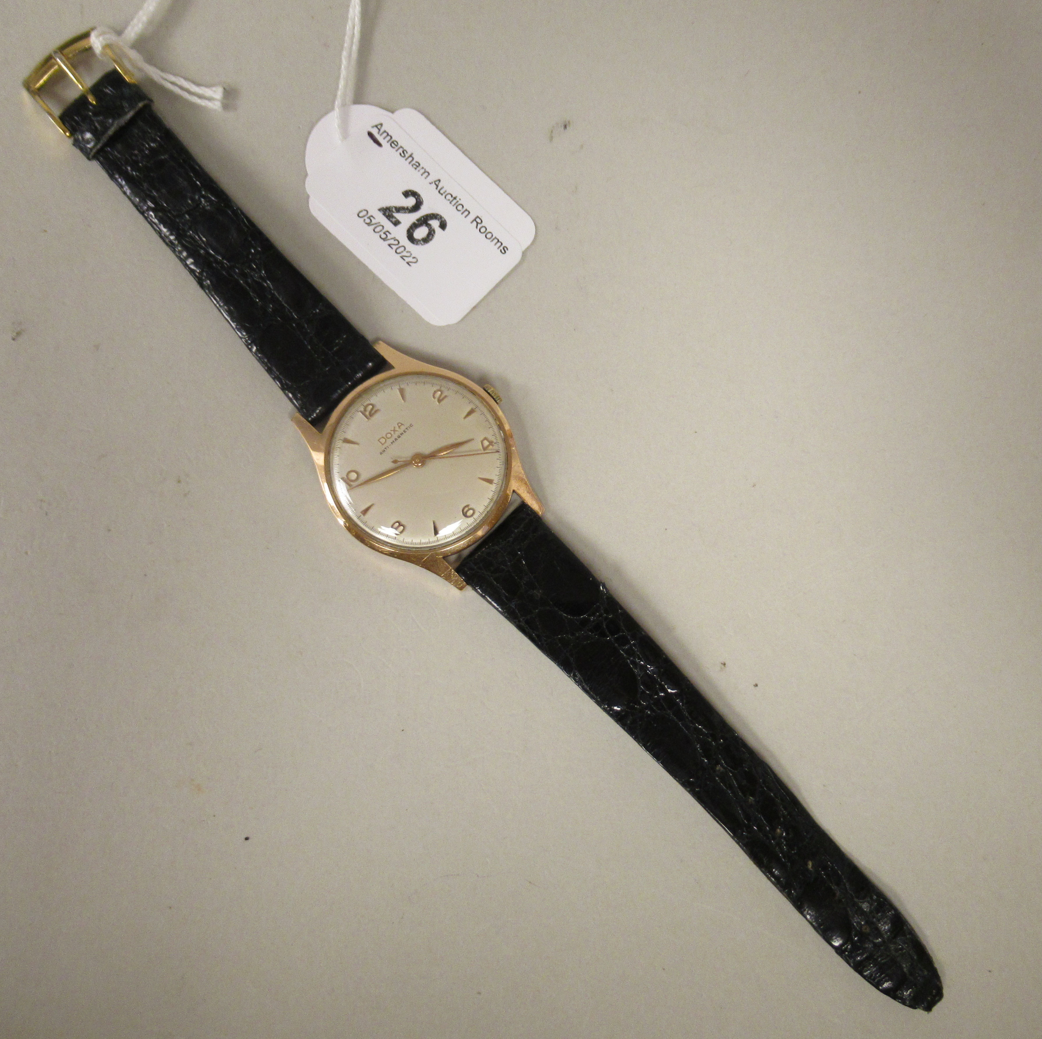 A 1960s Doxa 14ct gold cased wristwatch, the movement with sweeping seconds, faced by an Arabic - Image 2 of 3
