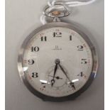 An Omega (900) silver coloured metal, slim cased pocket watch with a radiating engraved back,