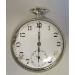 An Omega stainless steel cased pocket watch, faced by a white enamel Arabic dial, incorporating a