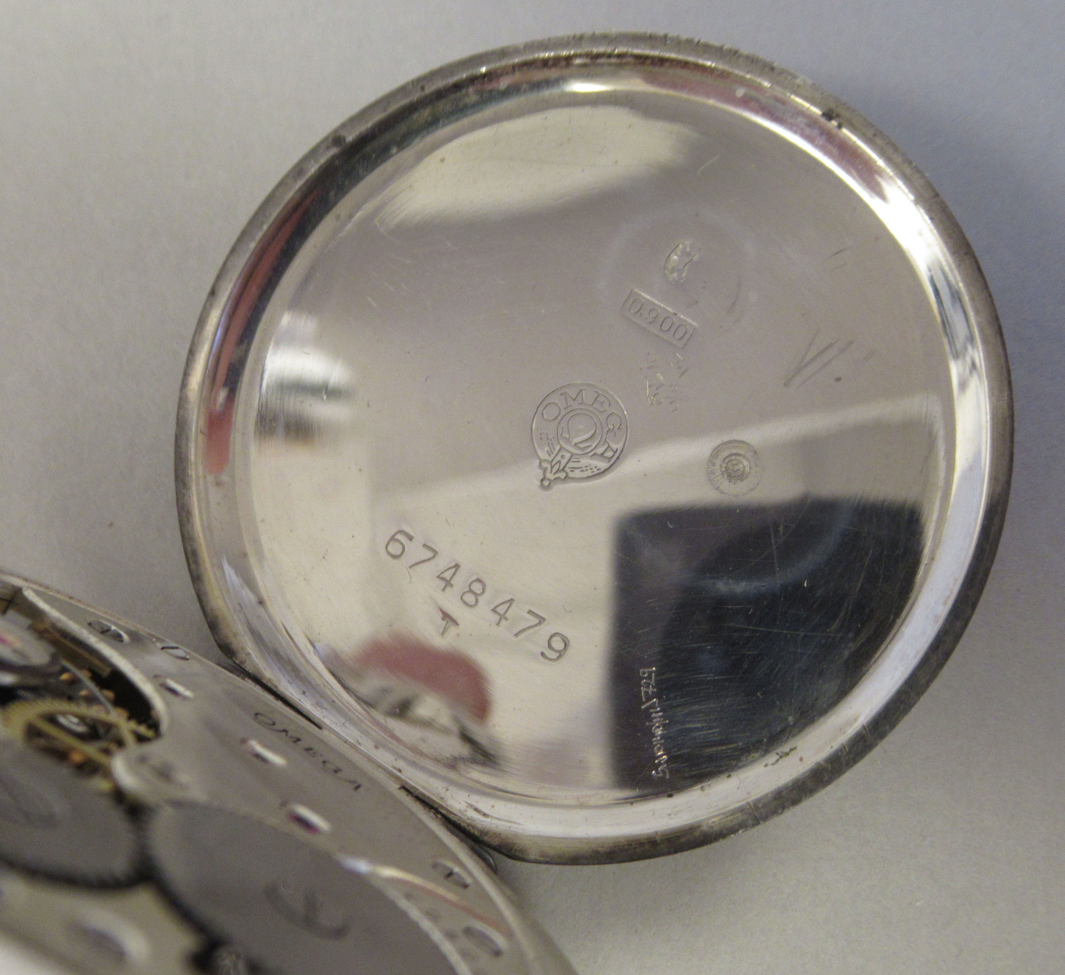 An Omega (900) silver coloured metal, slim cased pocket watch with a radiating engraved back, - Image 5 of 5