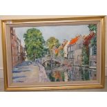 Faith Sheppard - 'Summer Pont du Cheval, Bruges'  oil on board  bears a signature & label verso  17"