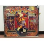 A 1980s Bally 'Eight Ball Deluxe' pinball machine printed mirror backplate  25" x 28"