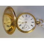 An Omega 18ct gold cased, full hunter pocket watch with engine turned decoration, faced by a white