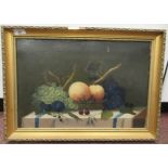 Late 19th/early 20thC British School - a still life study, soft fruit on a table  oil on canvas  12"