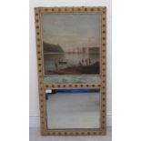 A mid 19thC mirror, set in a fabric covered frame, incorporating a harbour scene with fishermen  oil