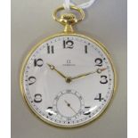 An Omega 18ct gold cased pocket watch with an engine turned back, faced by a white enamel Arabic