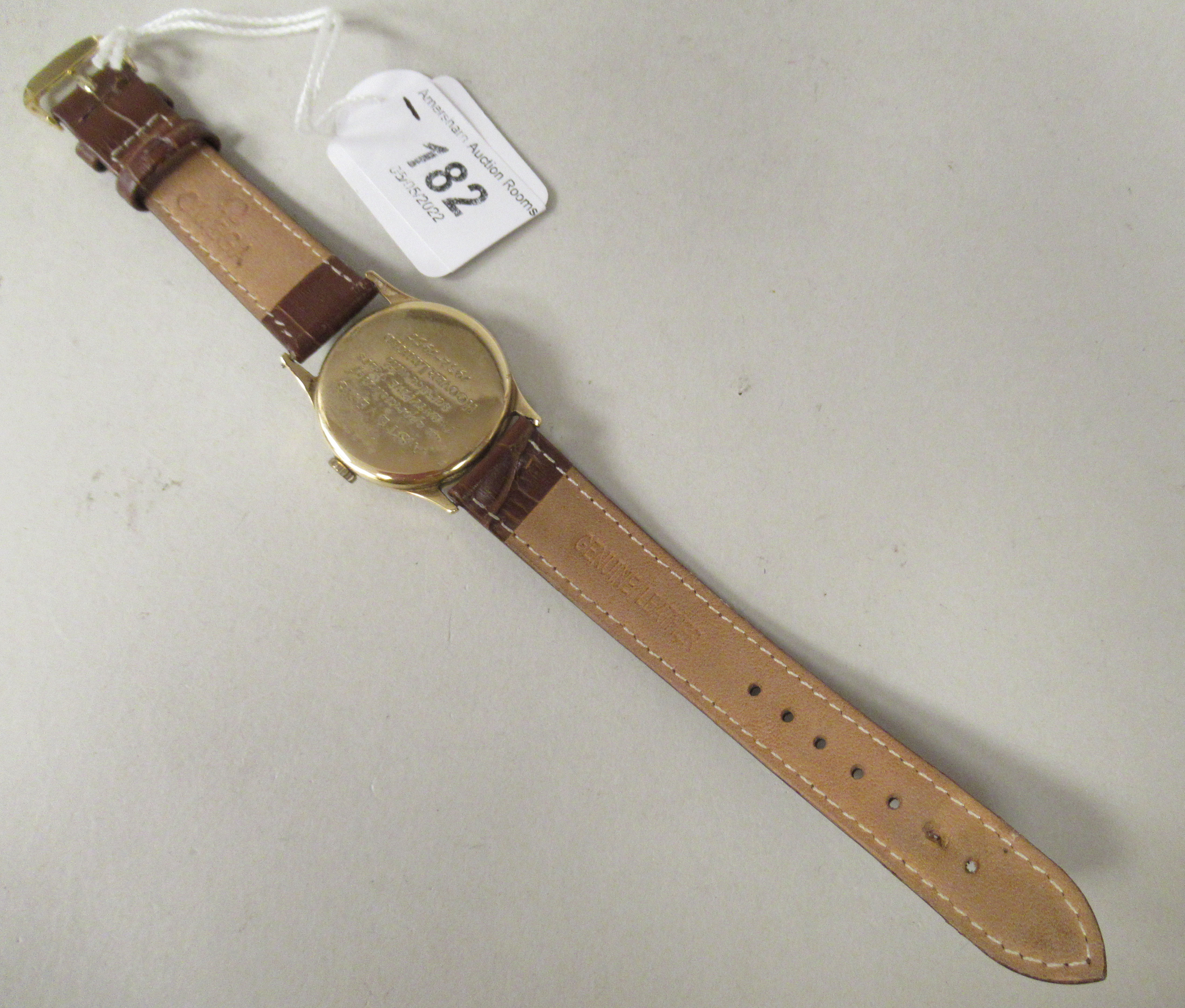 A 1950s Omega 'Big Bumper' 9ct gold cased wristwatch, faced by an Arabic and baton dial, - Image 4 of 4